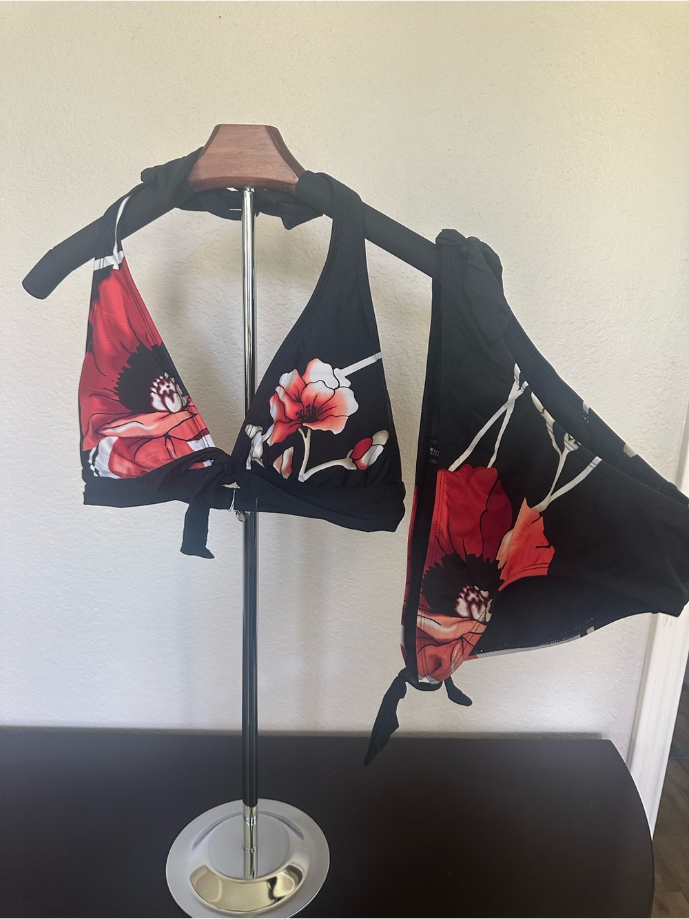 White House Black Market Black Floral Triangle Bikini Top and Side-Tie Bottoms